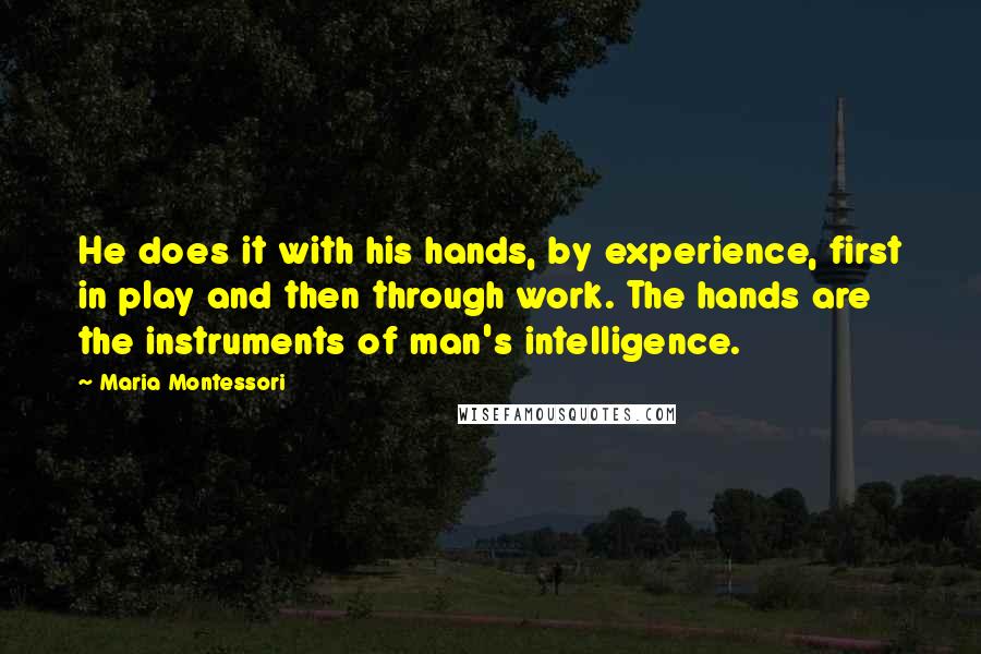 Maria Montessori Quotes: He does it with his hands, by experience, first in play and then through work. The hands are the instruments of man's intelligence.