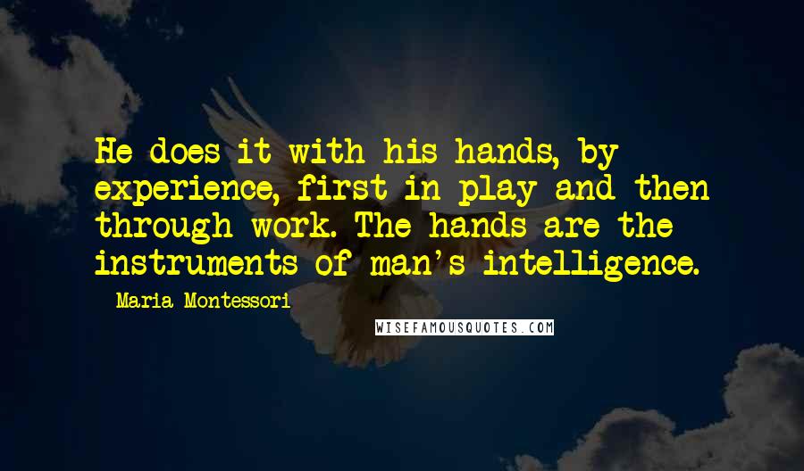 Maria Montessori Quotes: He does it with his hands, by experience, first in play and then through work. The hands are the instruments of man's intelligence.