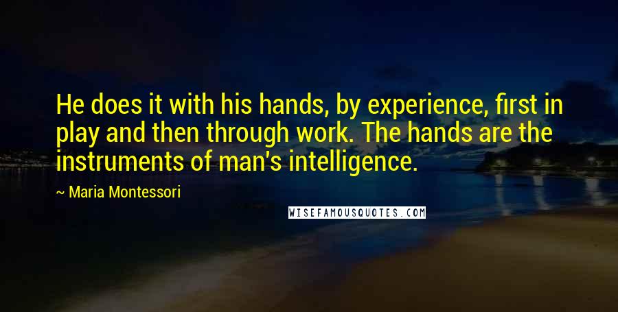 Maria Montessori Quotes: He does it with his hands, by experience, first in play and then through work. The hands are the instruments of man's intelligence.