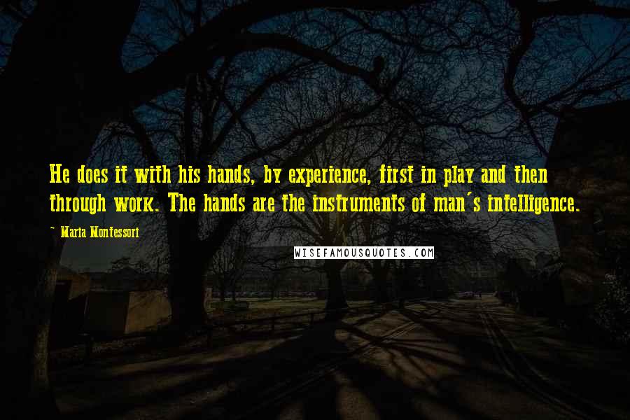 Maria Montessori Quotes: He does it with his hands, by experience, first in play and then through work. The hands are the instruments of man's intelligence.