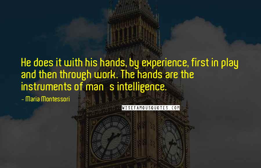 Maria Montessori Quotes: He does it with his hands, by experience, first in play and then through work. The hands are the instruments of man's intelligence.