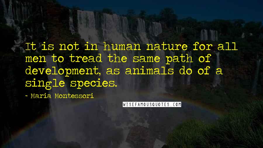 Maria Montessori Quotes: It is not in human nature for all men to tread the same path of development, as animals do of a single species.