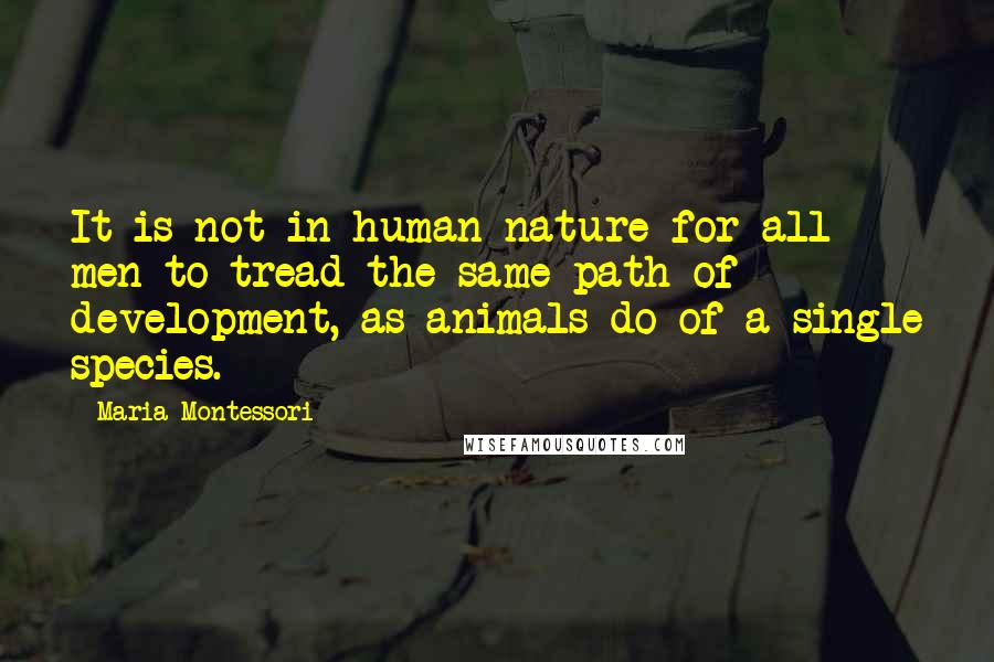 Maria Montessori Quotes: It is not in human nature for all men to tread the same path of development, as animals do of a single species.