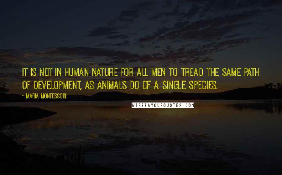 Maria Montessori Quotes: It is not in human nature for all men to tread the same path of development, as animals do of a single species.