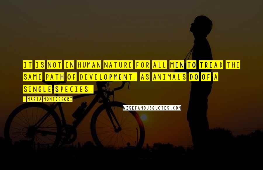 Maria Montessori Quotes: It is not in human nature for all men to tread the same path of development, as animals do of a single species.