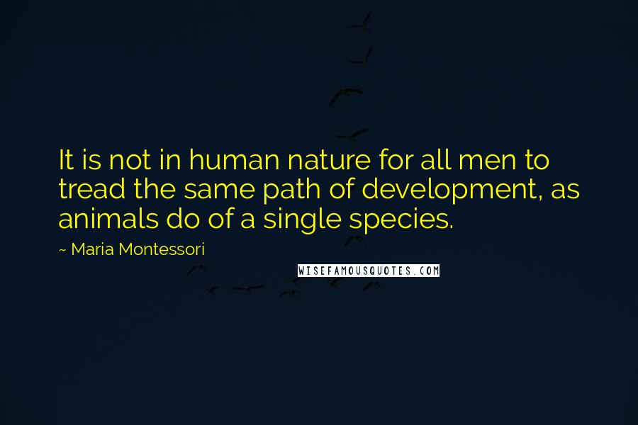 Maria Montessori Quotes: It is not in human nature for all men to tread the same path of development, as animals do of a single species.