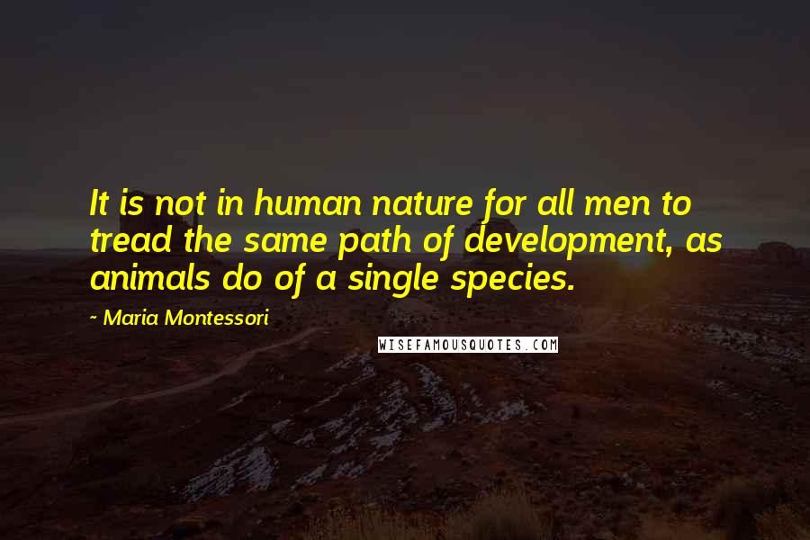 Maria Montessori Quotes: It is not in human nature for all men to tread the same path of development, as animals do of a single species.