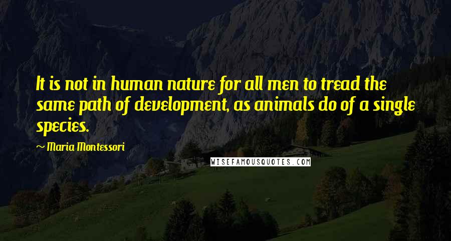 Maria Montessori Quotes: It is not in human nature for all men to tread the same path of development, as animals do of a single species.