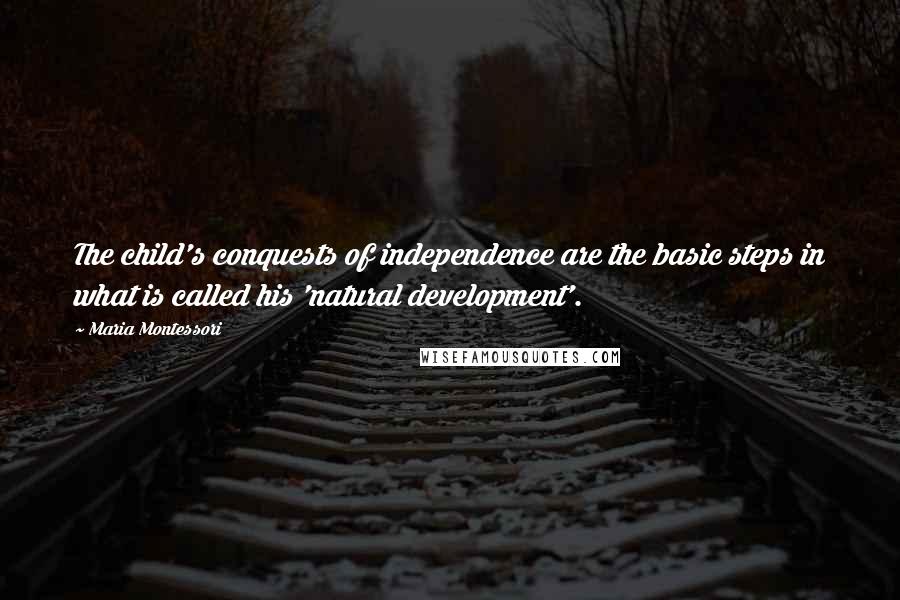 Maria Montessori Quotes: The child's conquests of independence are the basic steps in what is called his 'natural development'.