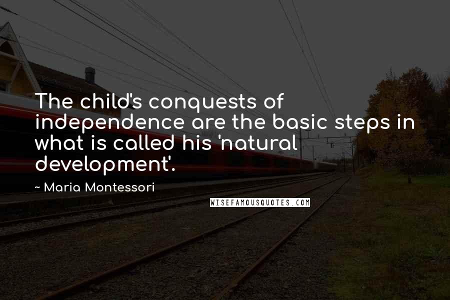 Maria Montessori Quotes: The child's conquests of independence are the basic steps in what is called his 'natural development'.