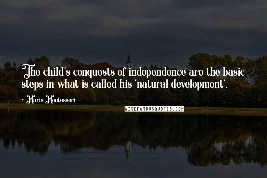 Maria Montessori Quotes: The child's conquests of independence are the basic steps in what is called his 'natural development'.
