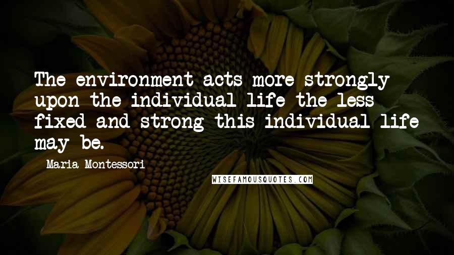 Maria Montessori Quotes: The environment acts more strongly upon the individual life the less fixed and strong this individual life may be.