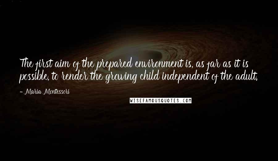 Maria Montessori Quotes: The first aim of the prepared environment is, as far as it is possible, to render the growing child independent of the adult.