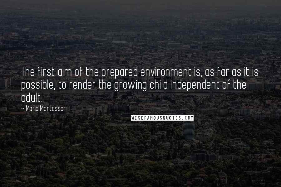 Maria Montessori Quotes: The first aim of the prepared environment is, as far as it is possible, to render the growing child independent of the adult.