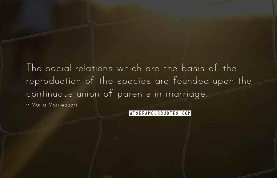 Maria Montessori Quotes: The social relations which are the basis of the reproduction of the species are founded upon the continuous union of parents in marriage.