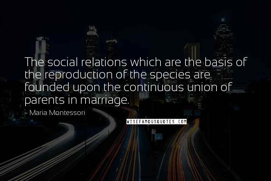 Maria Montessori Quotes: The social relations which are the basis of the reproduction of the species are founded upon the continuous union of parents in marriage.