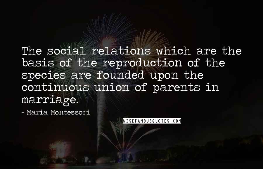 Maria Montessori Quotes: The social relations which are the basis of the reproduction of the species are founded upon the continuous union of parents in marriage.