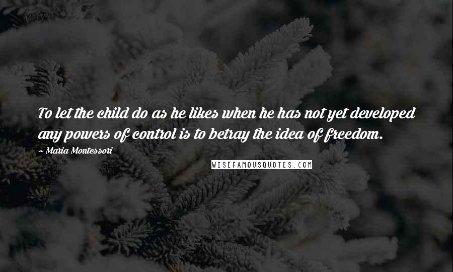 Maria Montessori Quotes: To let the child do as he likes when he has not yet developed any powers of control is to betray the idea of freedom.