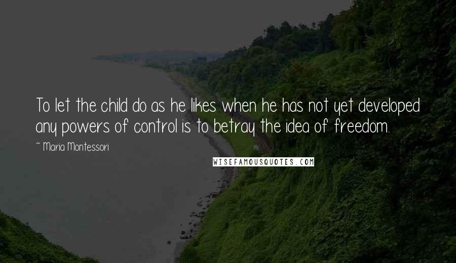 Maria Montessori Quotes: To let the child do as he likes when he has not yet developed any powers of control is to betray the idea of freedom.