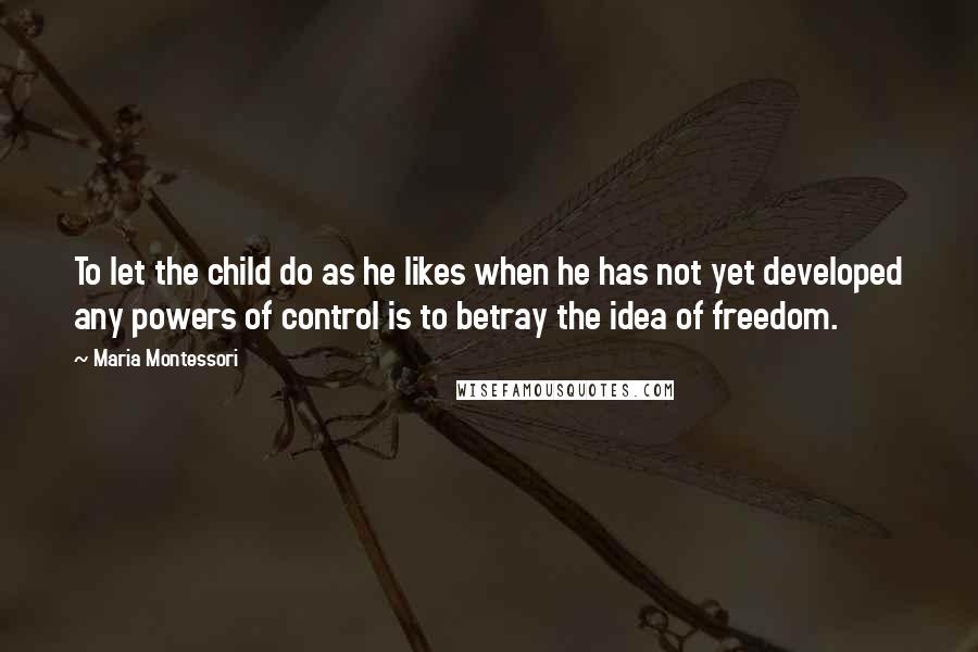 Maria Montessori Quotes: To let the child do as he likes when he has not yet developed any powers of control is to betray the idea of freedom.