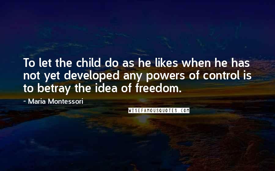 Maria Montessori Quotes: To let the child do as he likes when he has not yet developed any powers of control is to betray the idea of freedom.