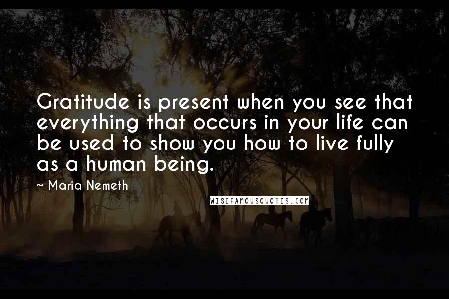 Maria Nemeth Quotes: Gratitude is present when you see that everything that occurs in your life can be used to show you how to live fully as a human being.