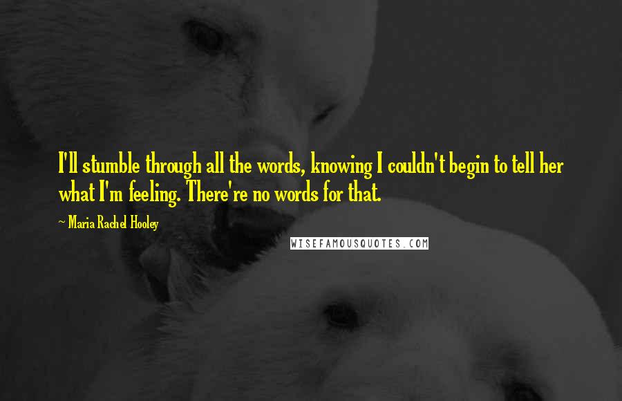 Maria Rachel Hooley Quotes: I'll stumble through all the words, knowing I couldn't begin to tell her what I'm feeling. There're no words for that.