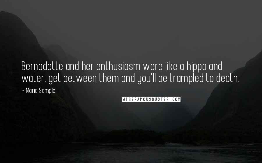 Maria Semple Quotes: Bernadette and her enthusiasm were like a hippo and water: get between them and you'll be trampled to death.