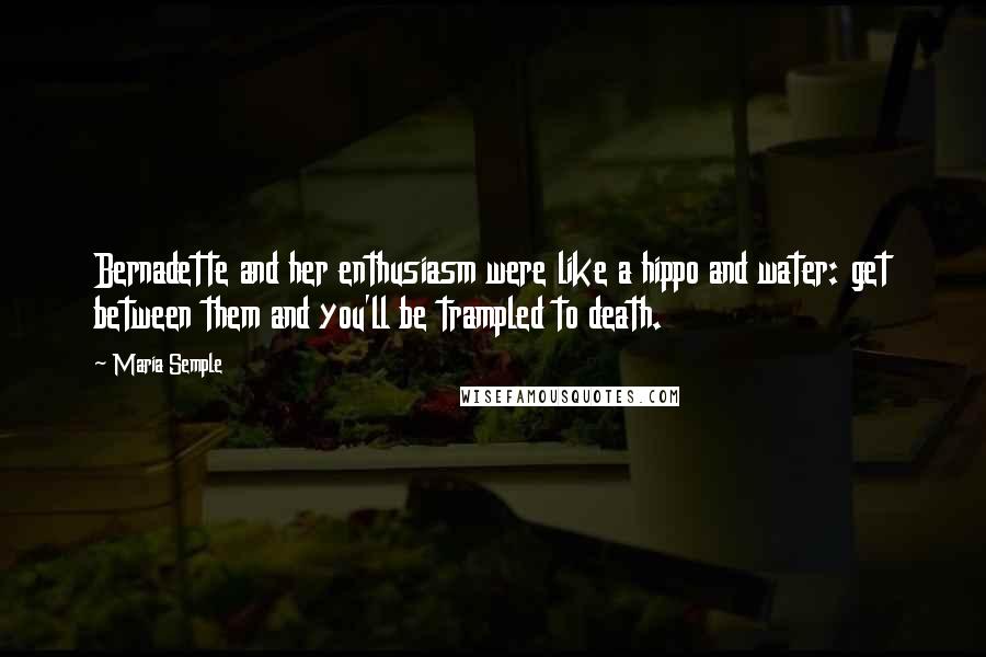 Maria Semple Quotes: Bernadette and her enthusiasm were like a hippo and water: get between them and you'll be trampled to death.