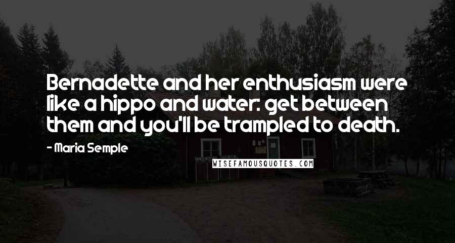 Maria Semple Quotes: Bernadette and her enthusiasm were like a hippo and water: get between them and you'll be trampled to death.