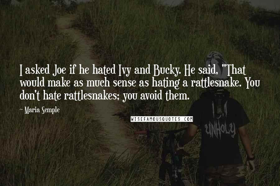 Maria Semple Quotes: I asked Joe if he hated Ivy and Bucky. He said, "That would make as much sense as hating a rattlesnake. You don't hate rattlesnakes; you avoid them.