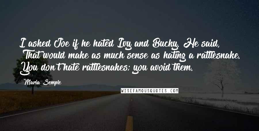 Maria Semple Quotes: I asked Joe if he hated Ivy and Bucky. He said, "That would make as much sense as hating a rattlesnake. You don't hate rattlesnakes; you avoid them.