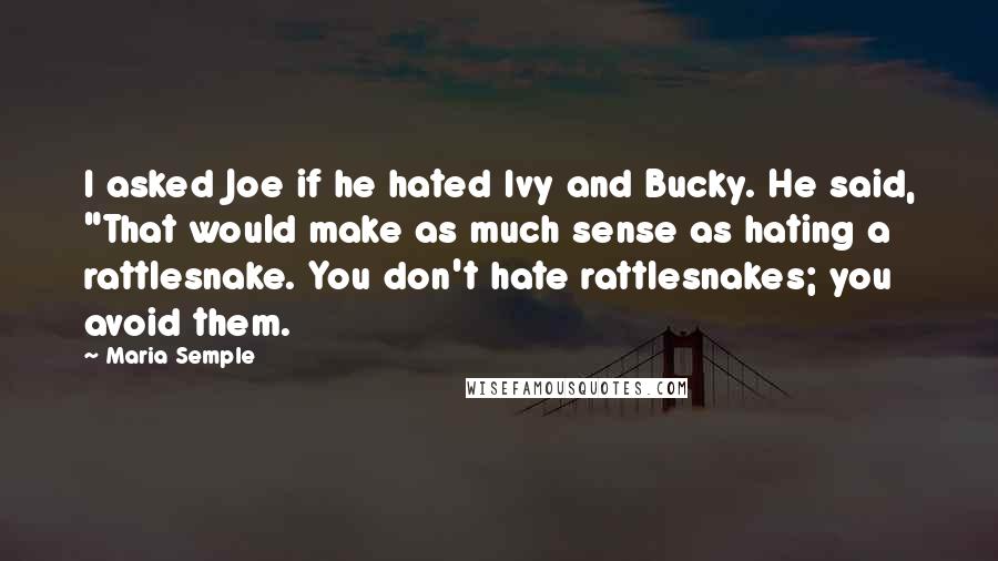 Maria Semple Quotes: I asked Joe if he hated Ivy and Bucky. He said, "That would make as much sense as hating a rattlesnake. You don't hate rattlesnakes; you avoid them.