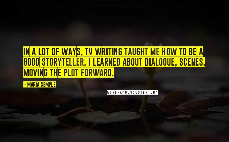 Maria Semple Quotes: In a lot of ways, TV writing taught me how to be a good storyteller. I learned about dialogue, scenes, moving the plot forward.