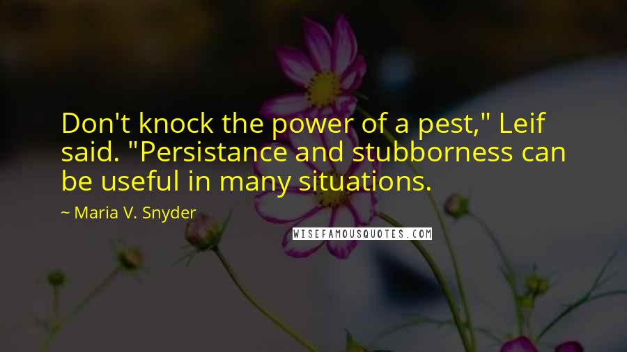 Maria V. Snyder Quotes: Don't knock the power of a pest," Leif said. "Persistance and stubborness can be useful in many situations.