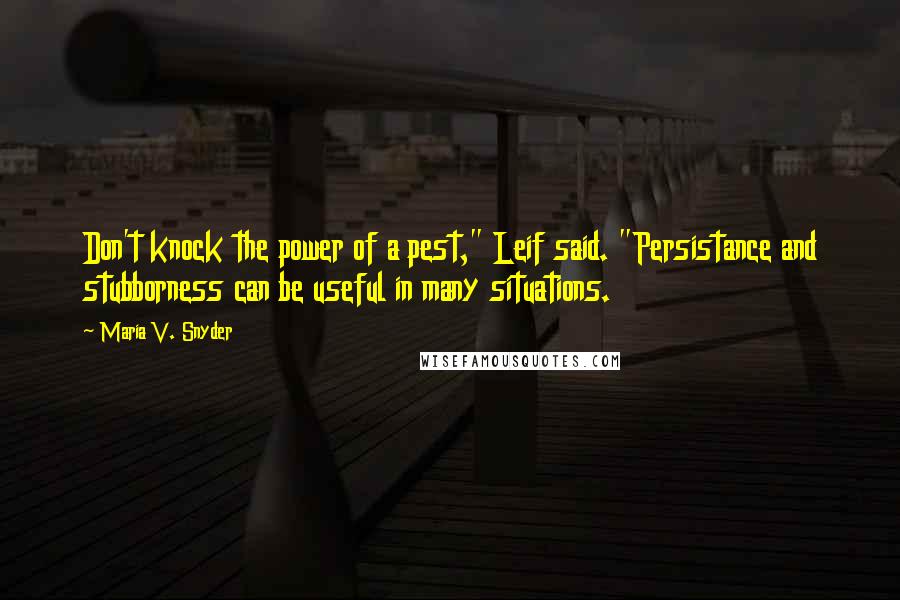 Maria V. Snyder Quotes: Don't knock the power of a pest," Leif said. "Persistance and stubborness can be useful in many situations.