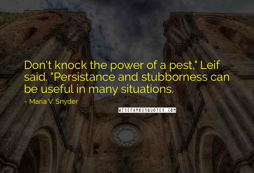Maria V. Snyder Quotes: Don't knock the power of a pest," Leif said. "Persistance and stubborness can be useful in many situations.