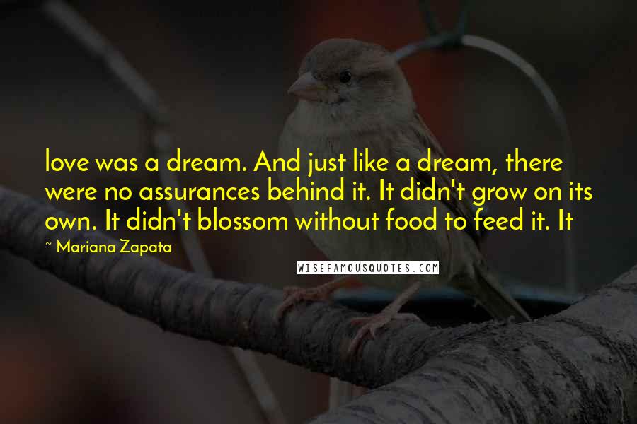Mariana Zapata Quotes: love was a dream. And just like a dream, there were no assurances behind it. It didn't grow on its own. It didn't blossom without food to feed it. It