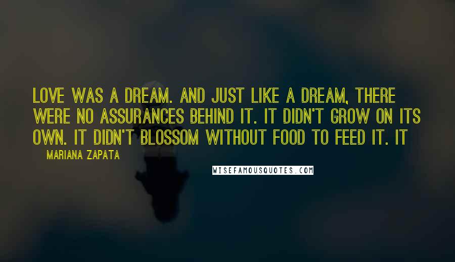 Mariana Zapata Quotes: love was a dream. And just like a dream, there were no assurances behind it. It didn't grow on its own. It didn't blossom without food to feed it. It