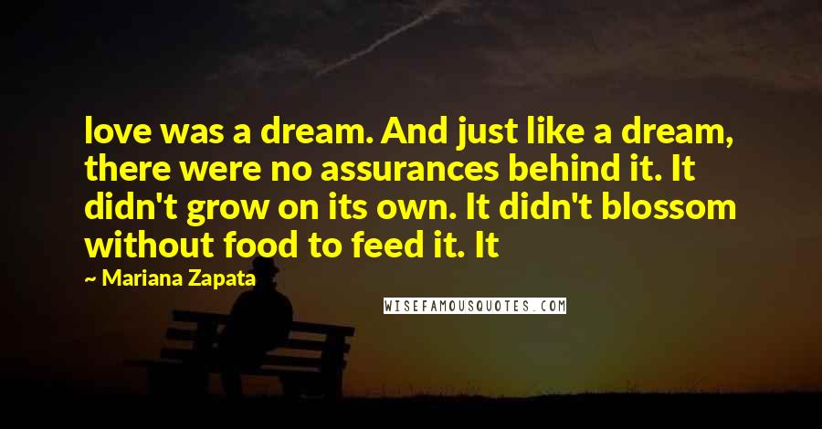 Mariana Zapata Quotes: love was a dream. And just like a dream, there were no assurances behind it. It didn't grow on its own. It didn't blossom without food to feed it. It