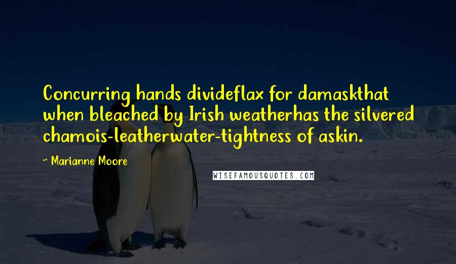 Marianne Moore Quotes: Concurring hands divideflax for damaskthat when bleached by Irish weatherhas the silvered chamois-leatherwater-tightness of askin.