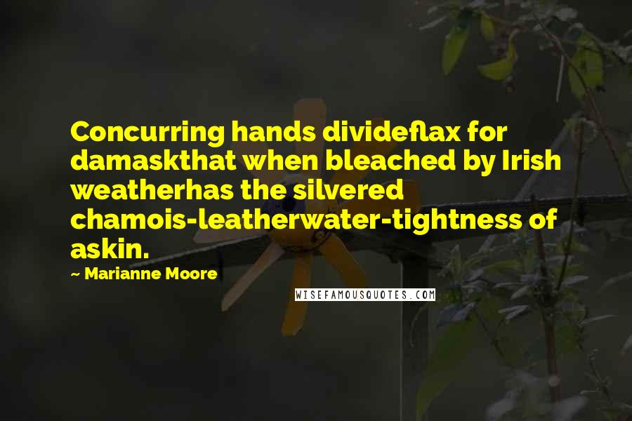 Marianne Moore Quotes: Concurring hands divideflax for damaskthat when bleached by Irish weatherhas the silvered chamois-leatherwater-tightness of askin.