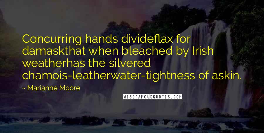 Marianne Moore Quotes: Concurring hands divideflax for damaskthat when bleached by Irish weatherhas the silvered chamois-leatherwater-tightness of askin.