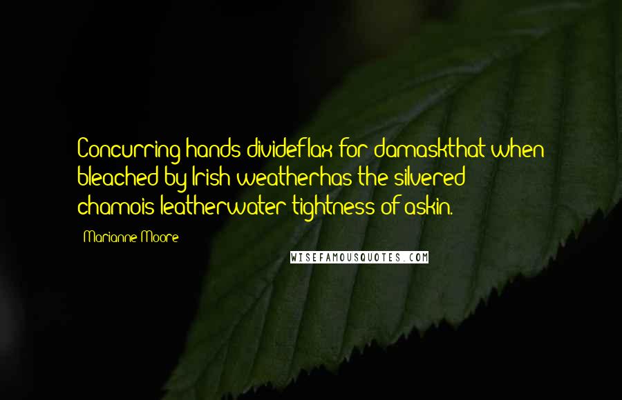 Marianne Moore Quotes: Concurring hands divideflax for damaskthat when bleached by Irish weatherhas the silvered chamois-leatherwater-tightness of askin.