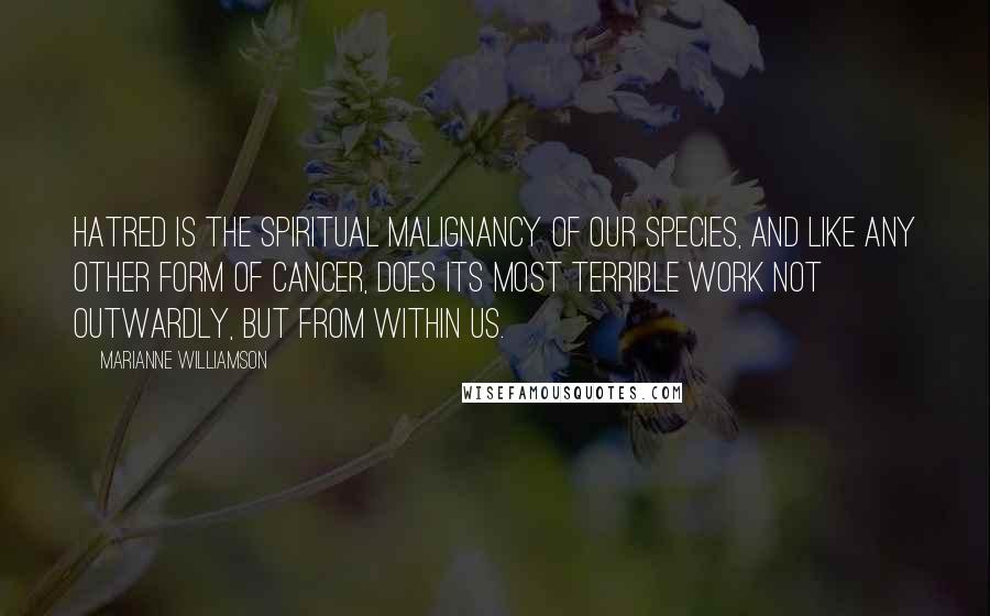 Marianne Williamson Quotes: Hatred is the spiritual malignancy of our species, and like any other form of cancer, does its most terrible work not outwardly, but from within us.