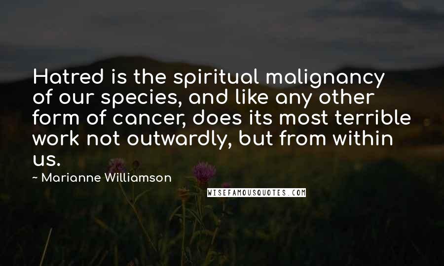 Marianne Williamson Quotes: Hatred is the spiritual malignancy of our species, and like any other form of cancer, does its most terrible work not outwardly, but from within us.