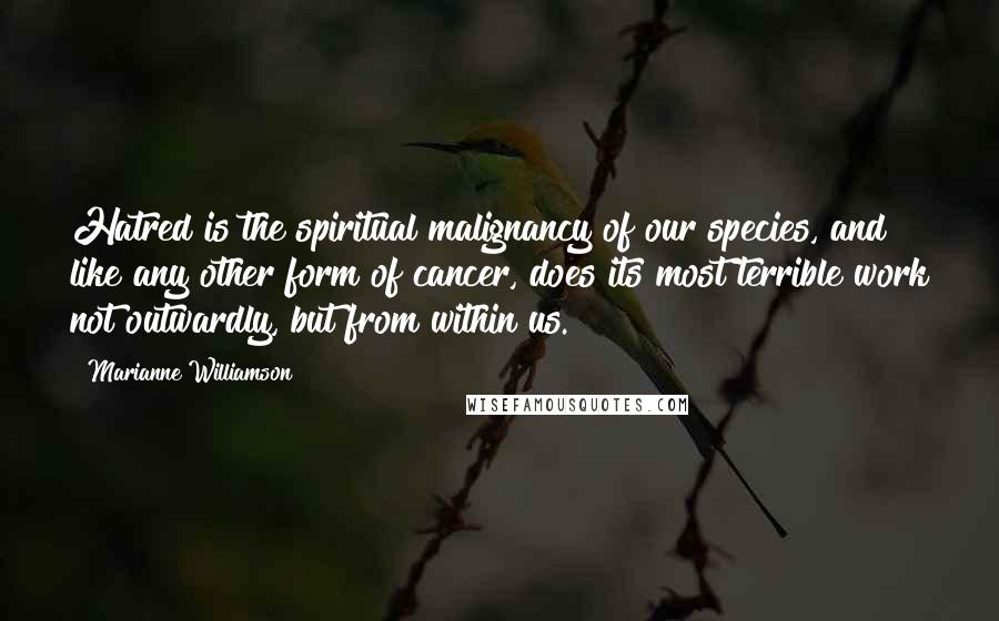 Marianne Williamson Quotes: Hatred is the spiritual malignancy of our species, and like any other form of cancer, does its most terrible work not outwardly, but from within us.