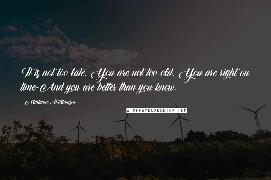 Marianne Williamson Quotes: It is not too late. You are not too old. You are right on time-And you are better than you know.