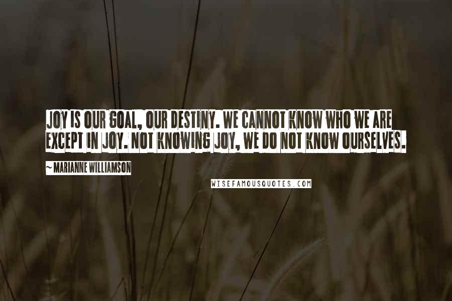 Marianne Williamson Quotes: Joy is our goal, our destiny. We cannot know who we are except in joy. Not knowing joy, we do not know ourselves.