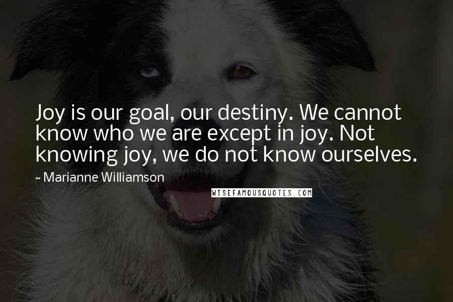 Marianne Williamson Quotes: Joy is our goal, our destiny. We cannot know who we are except in joy. Not knowing joy, we do not know ourselves.